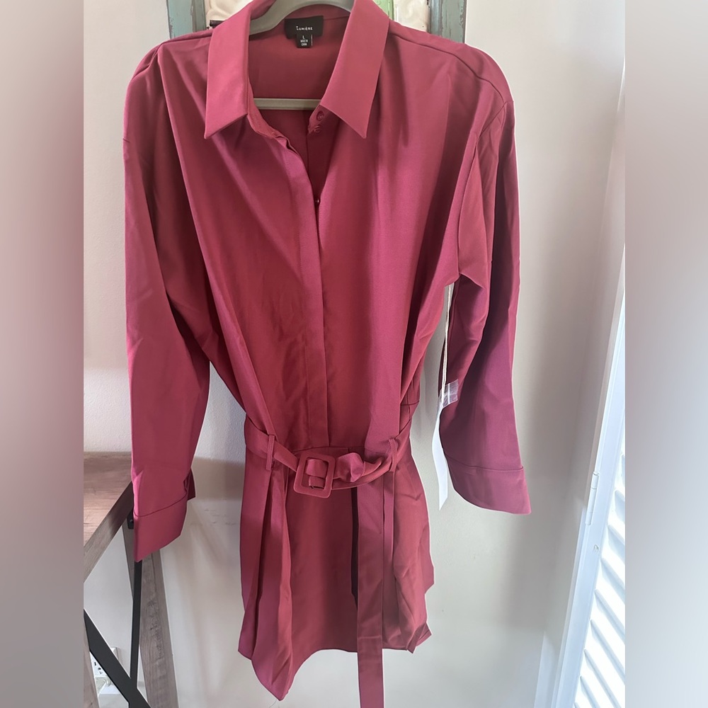 NWT Lumiere Short Deep Red Belted Shirt Dress Size Large